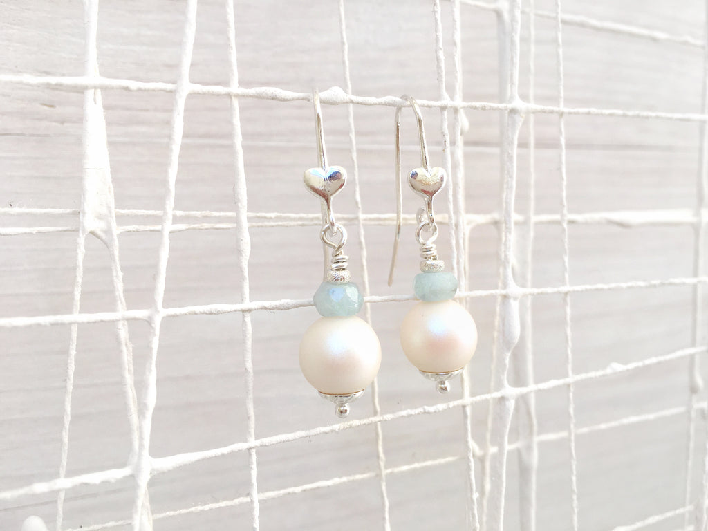 Orecchini Cuore di Perla, orecchini pendenti, con acquamarina, perle vegane
