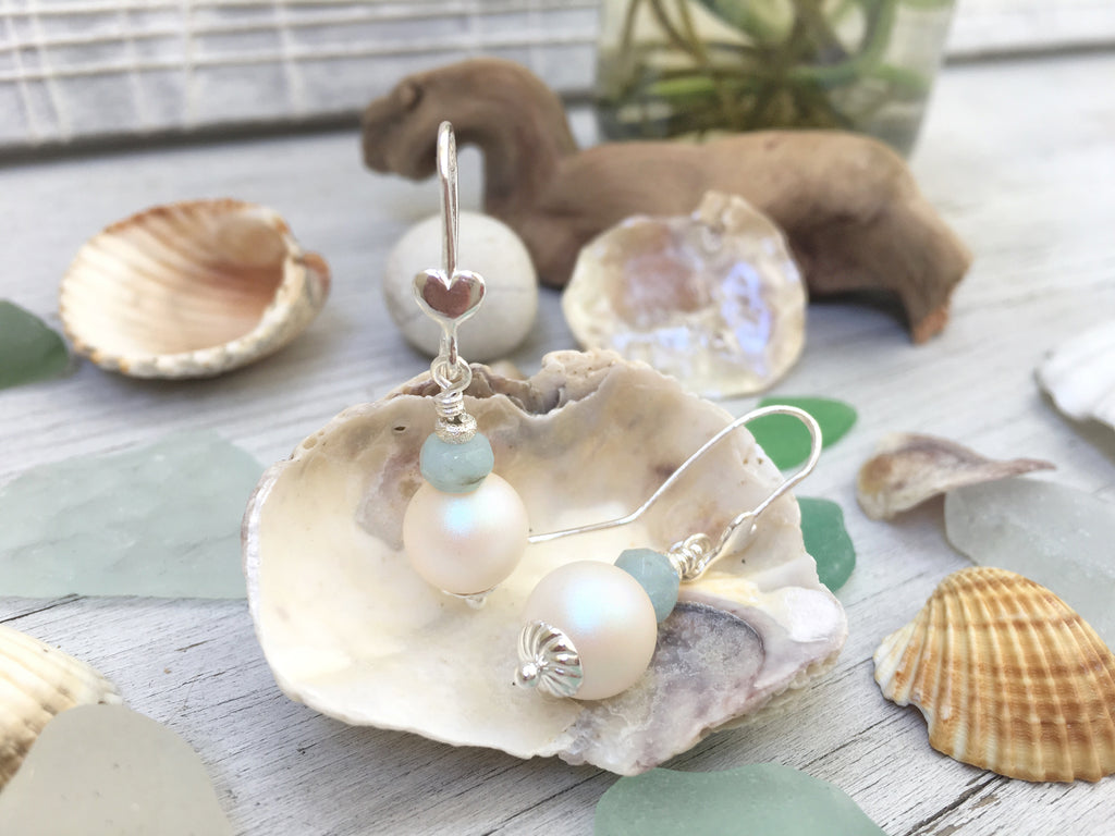 Orecchini Cuore di Perla, orecchini pendenti, con acquamarina, perle vegane