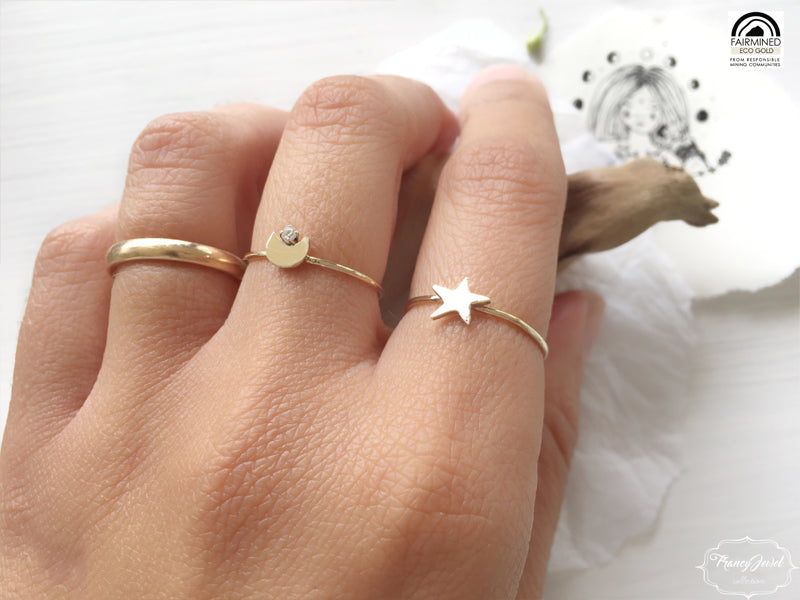 Anello Selene, anello boho chic, anello luna, anello in oro etico, con Moissanite
