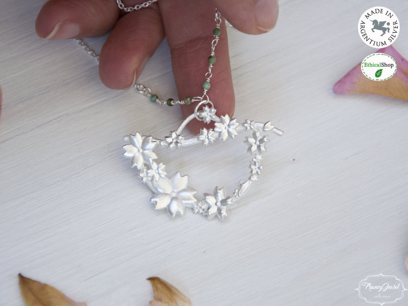 Collana Sakura, fiori di ciliegio, collana Argento, Argento, fatta a mano, made in Italy, gioielli natura