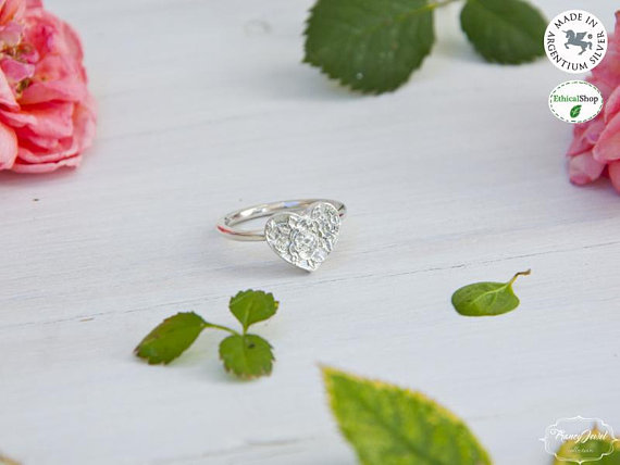 Anello fiore, anello argento, anello cuore, anello rosa, gioielli etici, ecofriendly, , fatto a mano, made in Italy, regali di compleanno