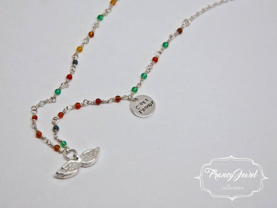 Collana rosario, angelo custode, collana ali angelo, collana argento, argentium silver, fatta a mano, made in Italy, regali famiglia, agata